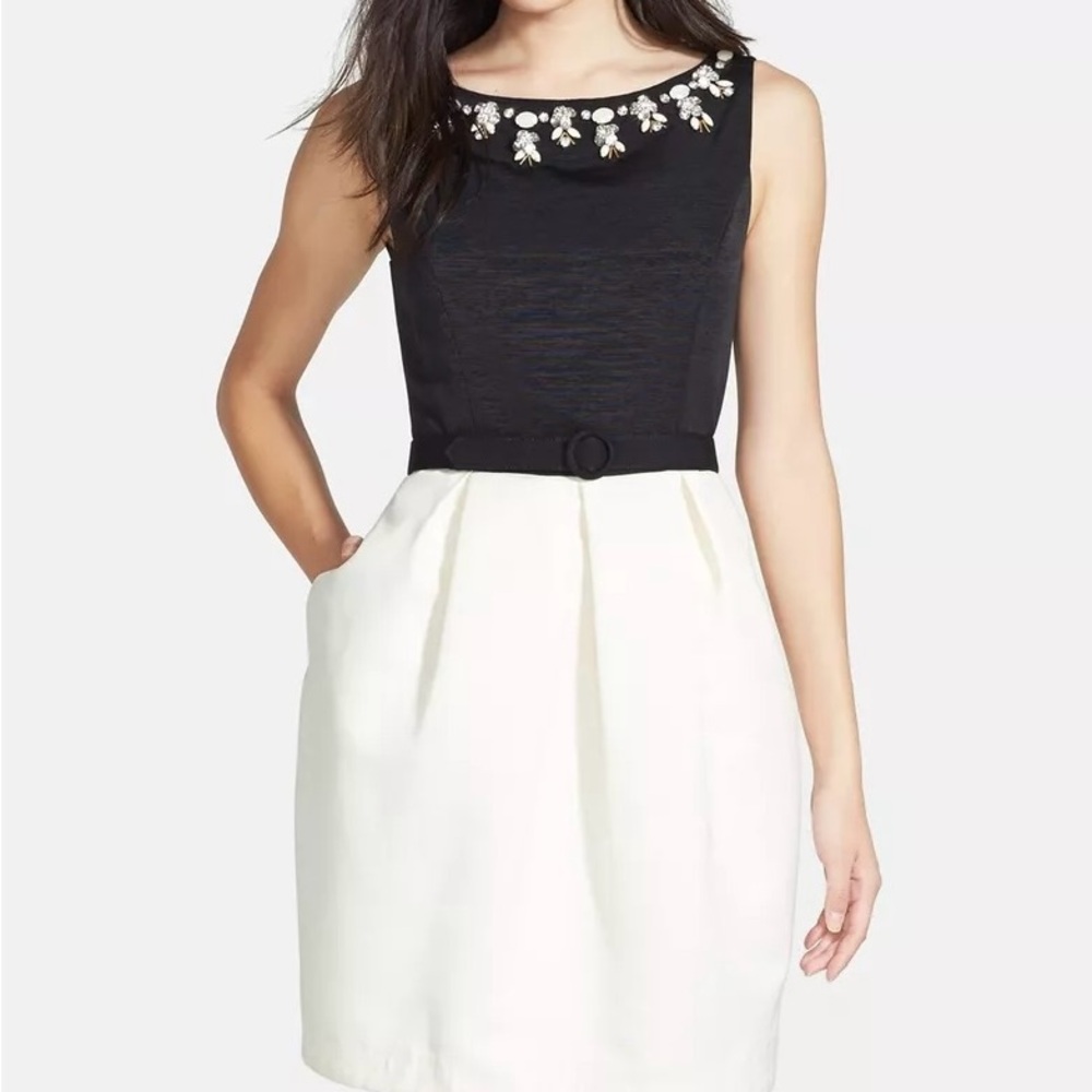 Eliza J Embellished Neckline Dress | Black & Ivory Knee Length Tulip Skirt | 4 - Picture 9 of 17